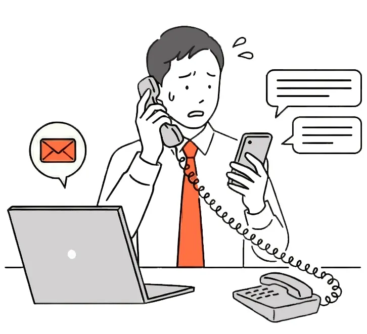 電話とチャットの通知に追われ、混乱している担当者のイラスト